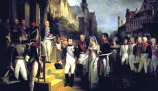 Traité de Tilsit entre Napoléeon Ier et le roi de Prusse (sur le tableau Napoléon avec le roi et la reine de Prusse), incluant une indemnité de guerre que la Prusse ne pourra pas payer